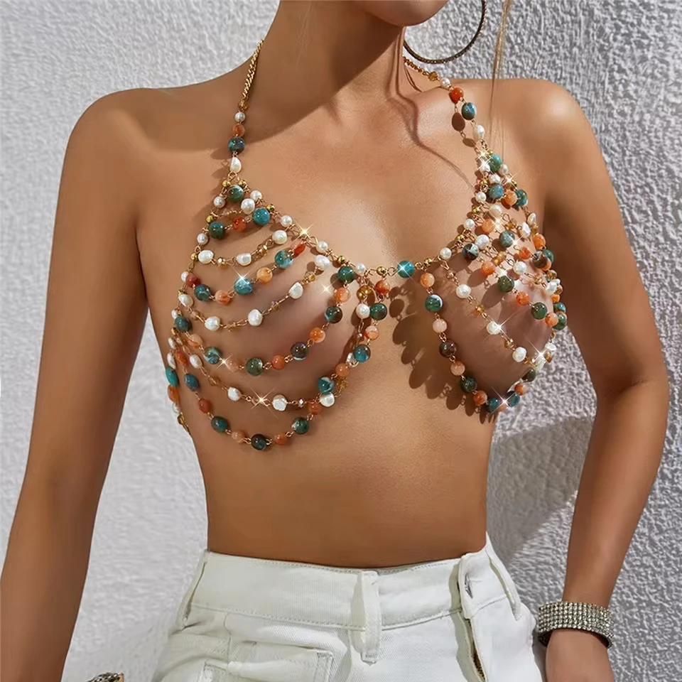 

New European And American Handmade Jewelry Hollow-Out Hot Girl Colorful Beaded Body Chain Sexy Camisole Women's Clothing