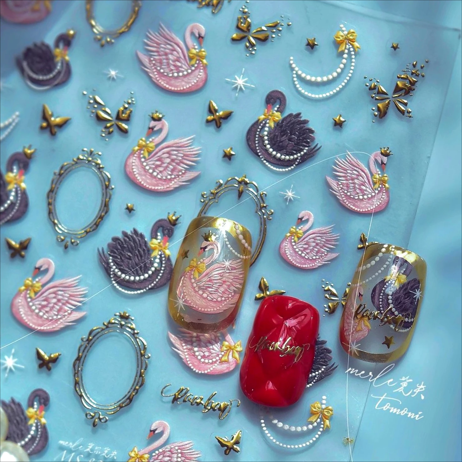 Wit Zwart Roze Dieren Veer Ster Retro Fotolijst Strik Vlinder Vleugel Parelsnoer Nail Art Stickers Manicure Decals