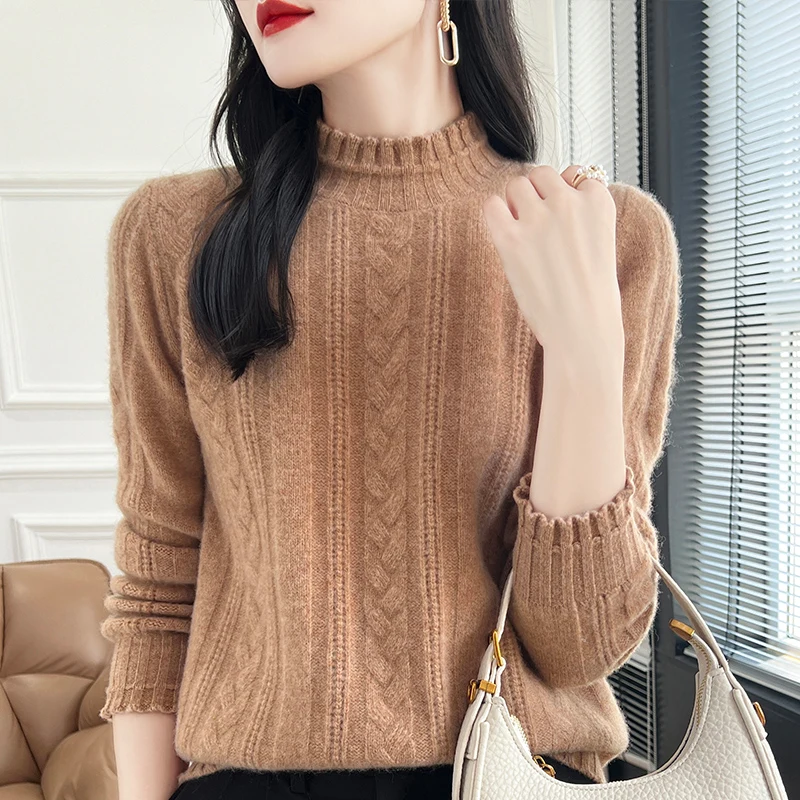 Wheatgrain autumn/winter new 100% Merino wool cashmere pullover Women's semi-turtleneck pullover warm bottom knit shirt top