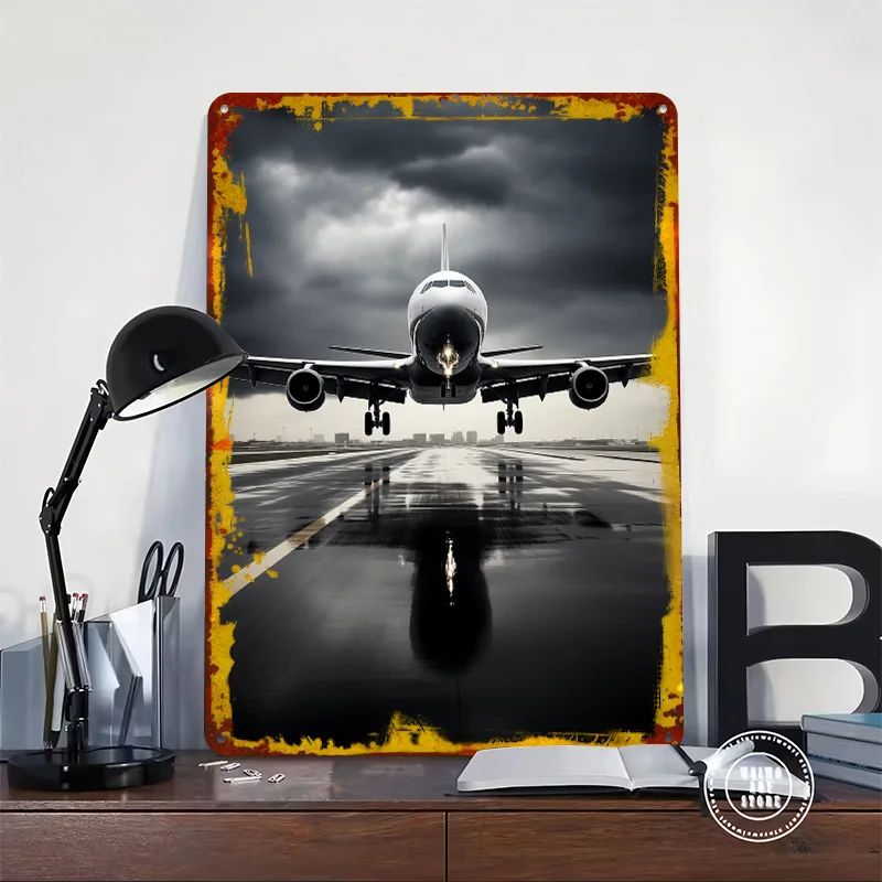 Airliner Take Off Rainy Printed Poster Customized Wall Art Retro Vintage Metal Tin Signs for Garage Decoration Room Desk Decor
