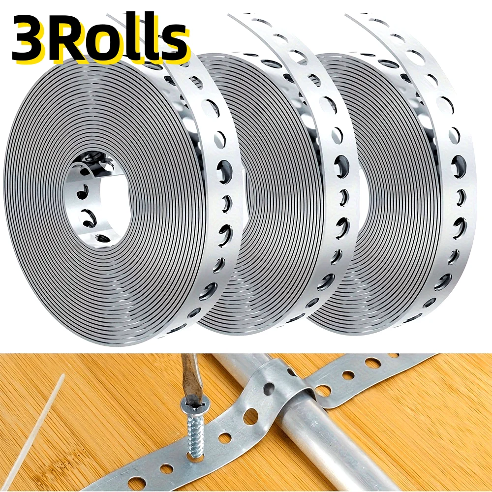 1/3Rolls Galvanized Steel Tape Pre-Punched Multi-Slot Metal Tape for Pipe Support Sheet Metal Work Galvanized Pipe Hanger Strap