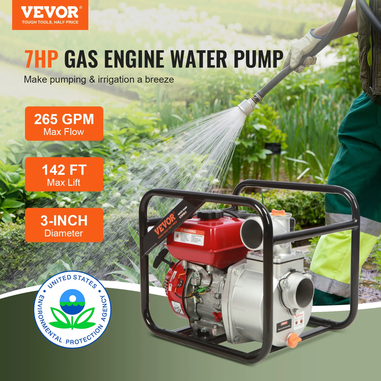 VEVOR Gasoline Engine Water Pump 7HP 142/265 GPM 22ft Suction 4-Stroke Gas Powered Trash Water Transfer Pump for Irrigation Pool