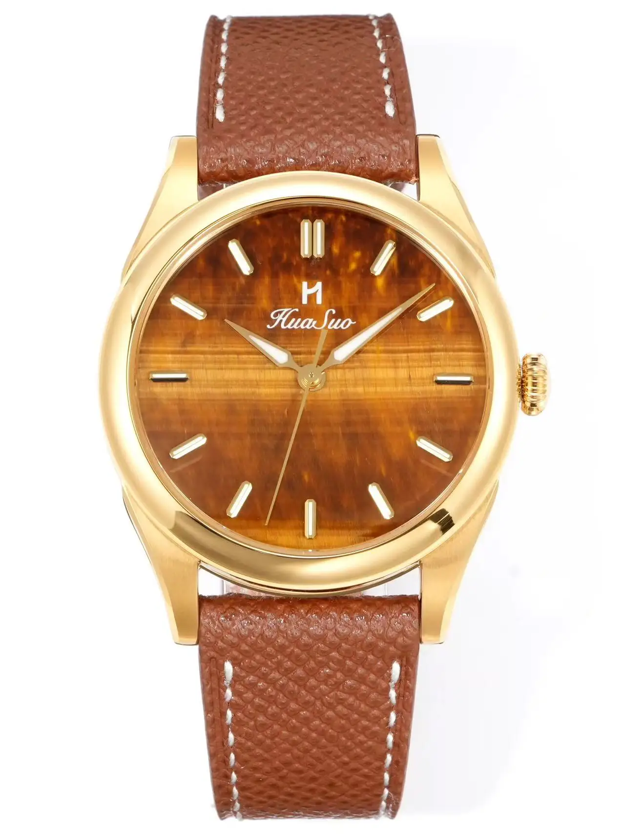 HUASUO 38mm Natural Nemstone Dial Men Watch PT5000 Automatic Mechanical Waterproof Luxury Genuine Leather Business Wristwatch