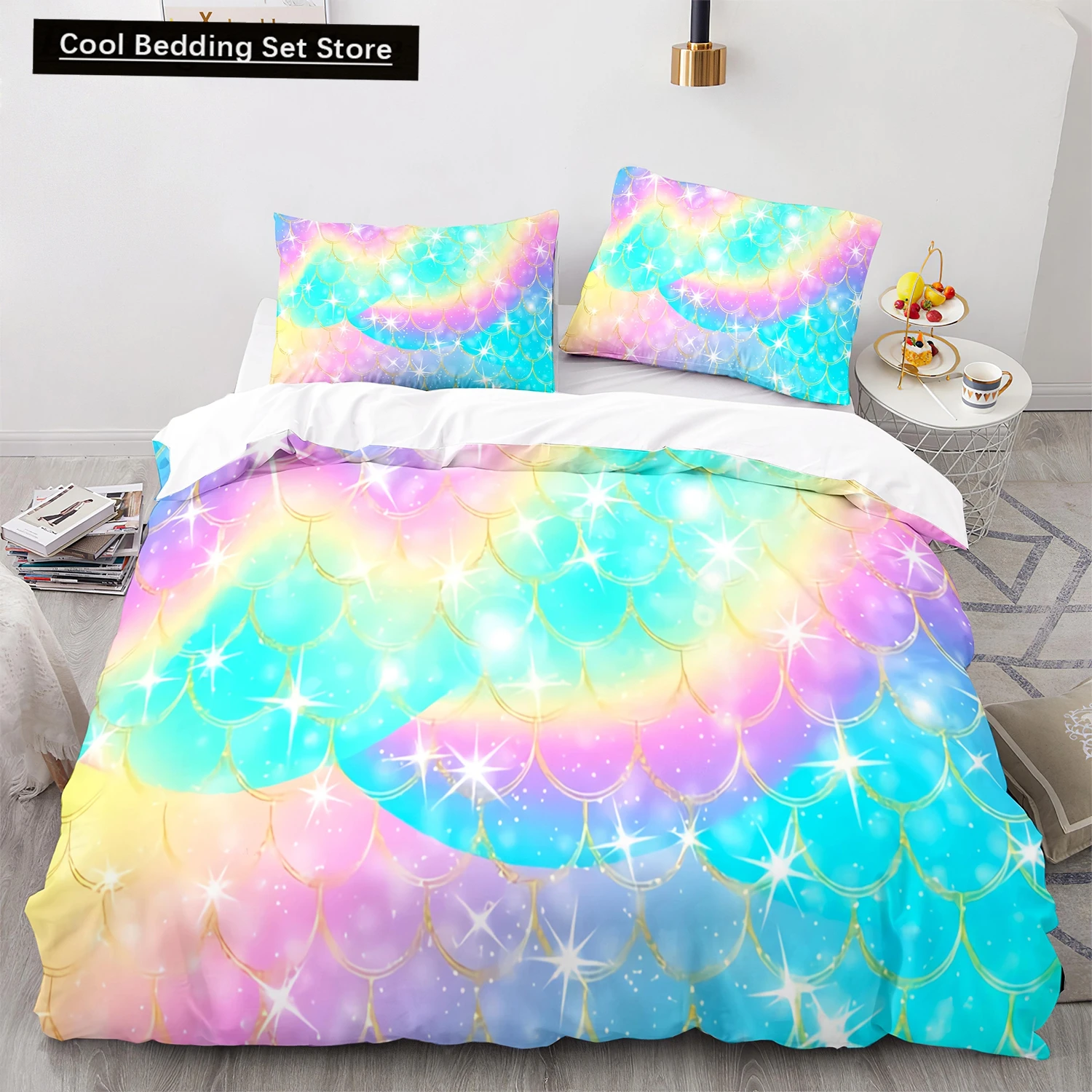 

Mermaid Tail Duvet Cover King Queen Size Kids Fish Scales Bedding Set Girly Ocean Animal Princess 2/3pcs Polyester Quilt Cover