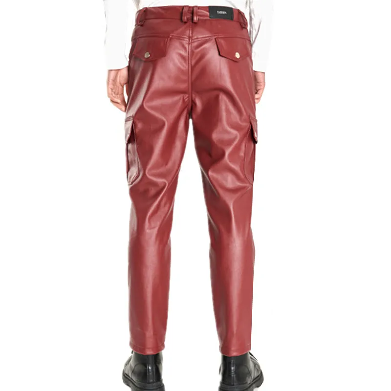 Multi-pocket Men\'s Casual PU Pants, Fashionable Biker Leather Pants, Windproof and Waterproof Dirt-resistant Trousers,Size S-5XL