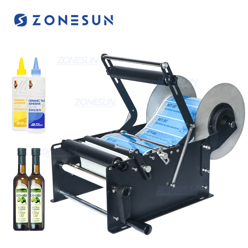 ZONESUN ZS-50W Manual Mineral Water Plastic Round Bottle Labeling Machine For Round Bottles Sticker Label Packing Machine