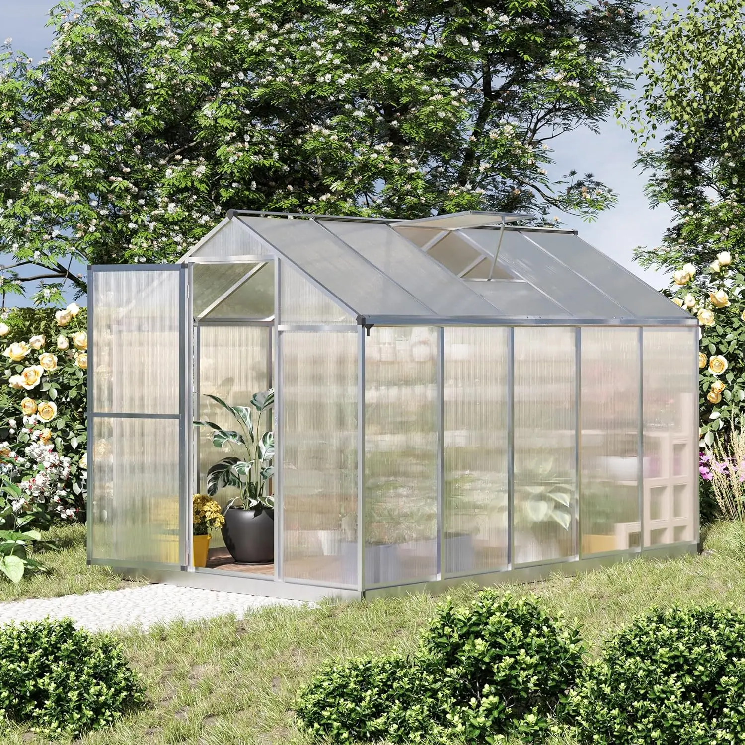 10' x 6' Greenhouse for Outdoors, Polycarbonate Greenhouse with Rain Gutter and Roof Vent, Aluminum Walk-in Green Houses for Out