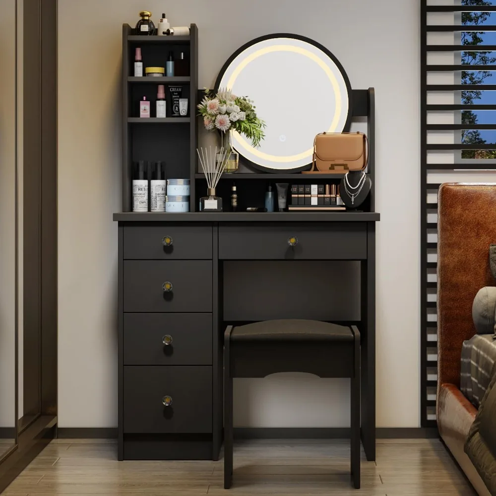 

Set with Round Mirror, Makeup Vanity Dressing Table with 5 Drawers, Shelves, Dresser Desk and Cushioned Stool Set