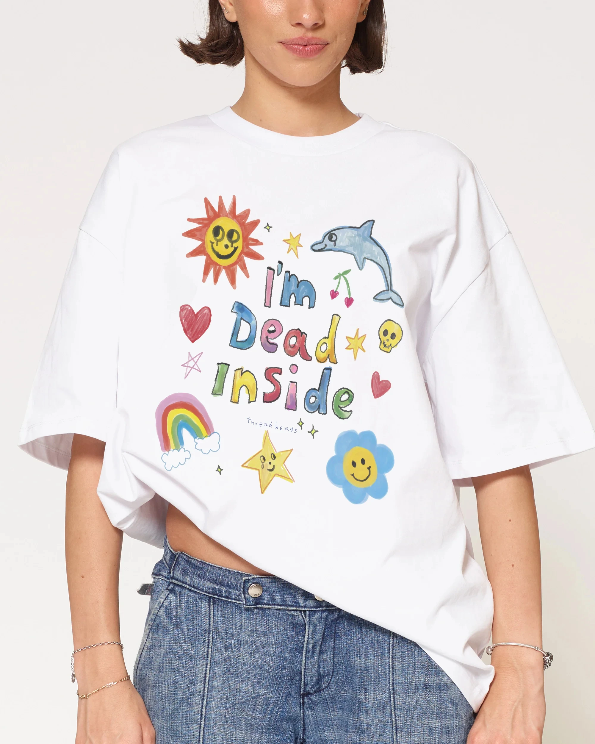 I'm Dead Inside Cute Doodle Sun Dolphin Rainbow Graphic T Shirt Men Women and Kids Casual Crew Neck Short Sleeve Tee Y2K Top