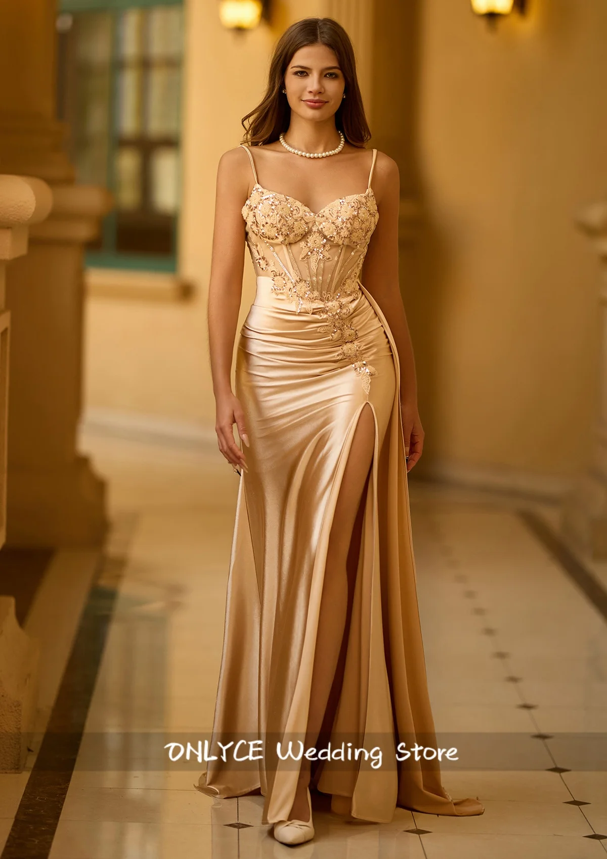 

Striking Sheath Satin Appliques Lace Sleeveless Floor-Length Prom Dress Beading Formal Occasion Party Gown Customized