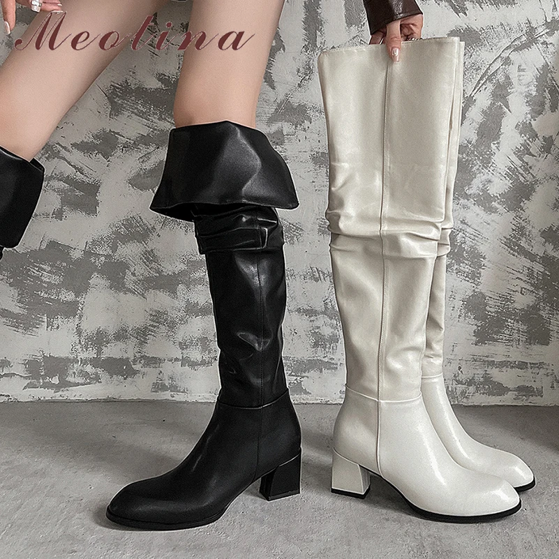 

Meotina Women Genuine Leather Thigh High Boots Round Toe Thick High Heels Pleated Zipper Gogo Boots Ladies Fashion Shoes Winter