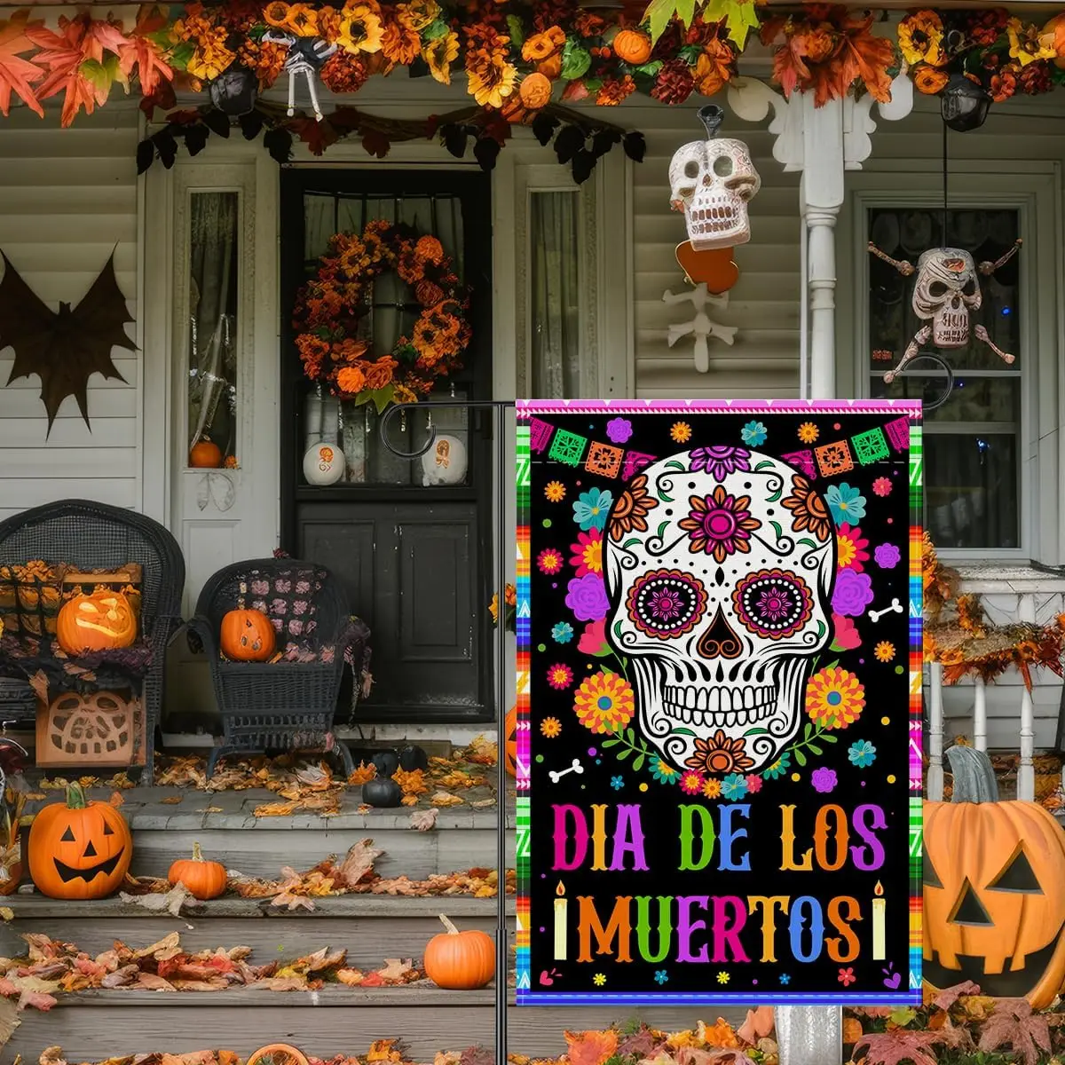 Day of The Dead Garden Flag, Dia De Los Muertos House Flag for Outdoor Patio Porch Yard Skull Mexican Halloween Sign Decor 1 GGX