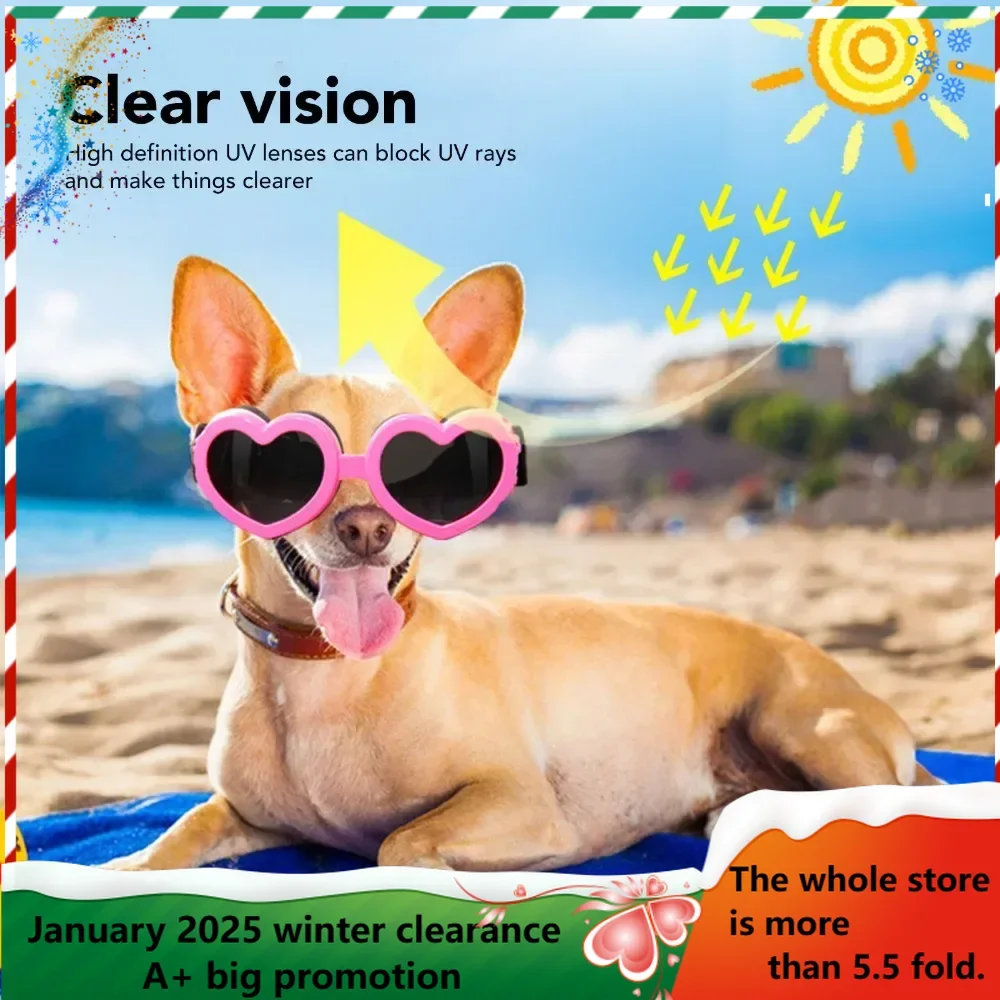 Dog Sunglasses UV Protection Waterproof Windproof Prevents Fog HD Lens Heart Shape Pet Sunglasses for Puppies Dogs Pink