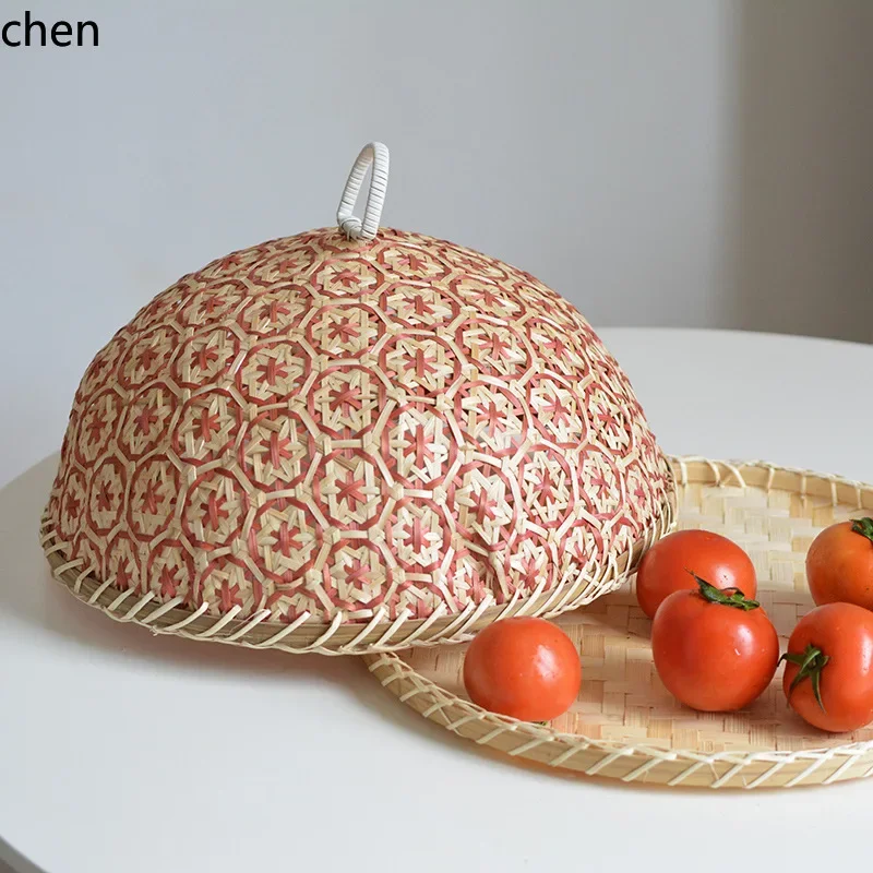 Bamboo Basket Food Cover for Kitchen, Household Fly-Proof Food Cover,  Fruit and Bakery Dustproof Round Bamboo Weave