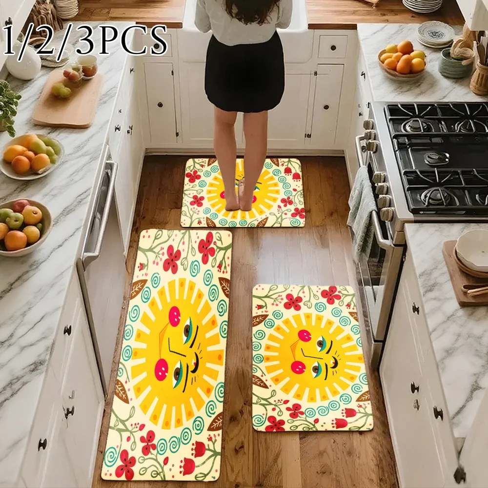 3PCS Kitchen Rugs,Home Decoration for Front Door, Kitchen, Sun Face Floral Pattern With Red Flowers And Leaves Dining Mat