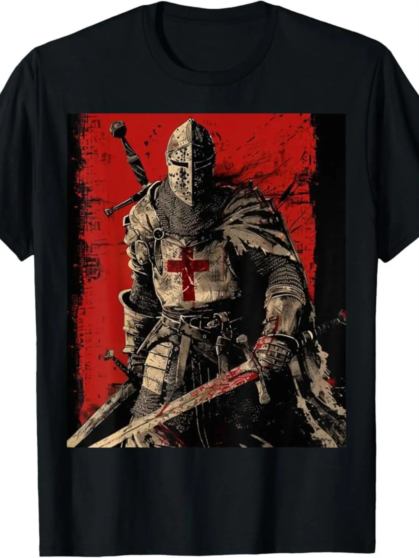 تي شيرت برسومات Knight Templar Warrior of God للرجال - قطن 100%، أسود مع سيف أحمر وتصميم متقاطع #1