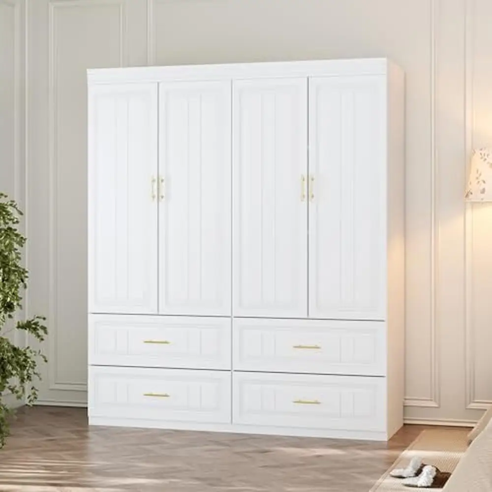 

Elegant White Vintage Armoire Closet 4 Door Wardrobe with Drawers Shelves Hanging Rod & Gold Handles Bedroom Storage Solution