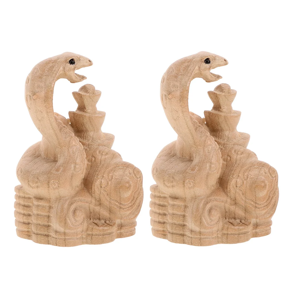 

2 Pcs Snake New Year of The Wood Carving Ornaments Home Decor Chinese Statue Luxury