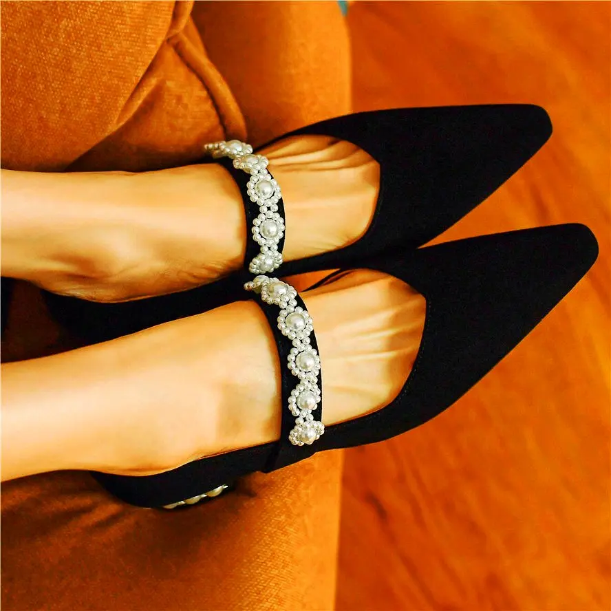 

Elegant Ballet Loafer Women Rhinestone Suede Leather Pointed Toe Flat Heel Oxfords Slide on Wedding Evening Shoe Ballets Comfort