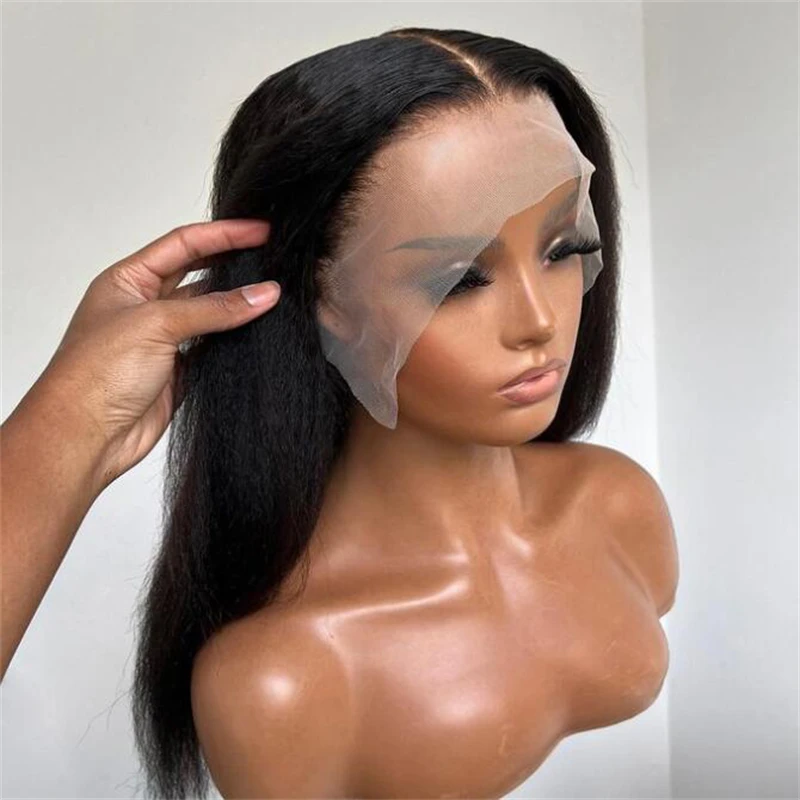 Deep Yaki Long Balck 180Density 26inch Soft Kinky Straight Lace Front Wig For Women with Babyhair PrePlucked Daily Glueless Wigs