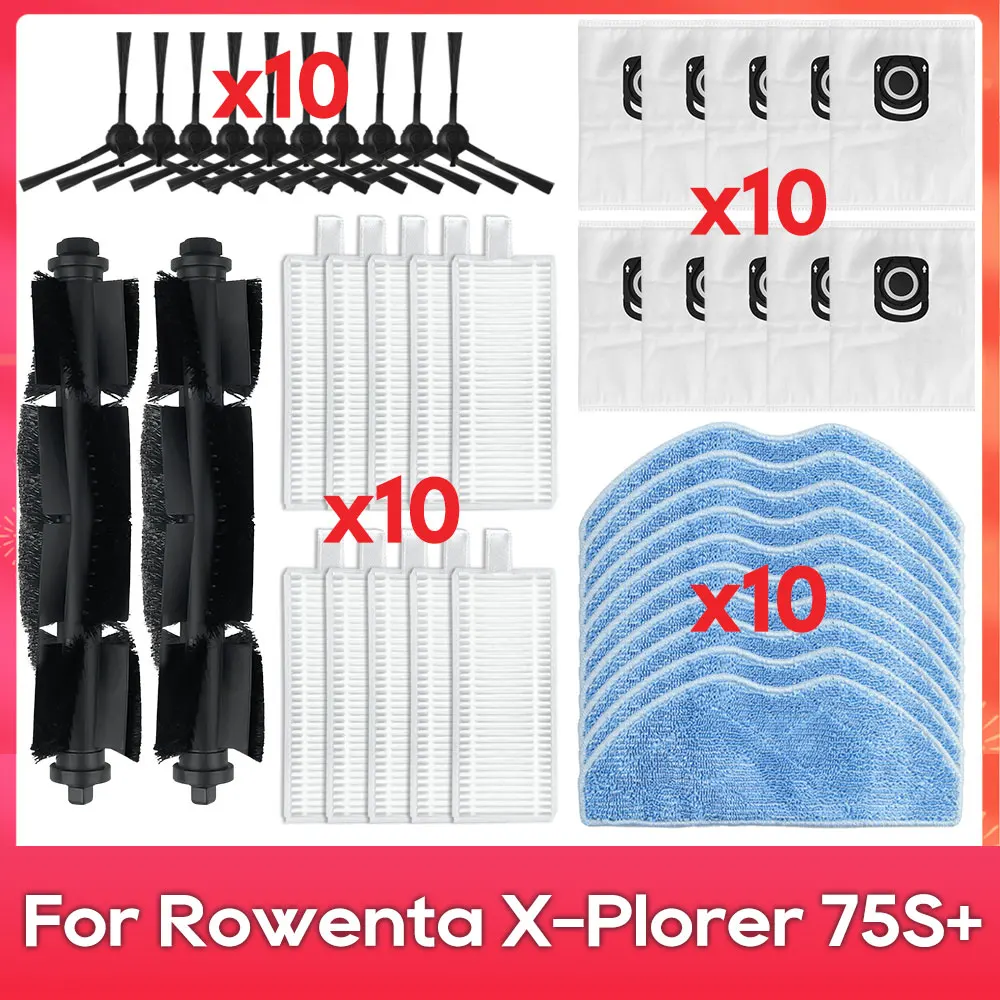 Compatível com ( Rowenta Tefal X-Plorer 75 S / 75 S+ / RR8577WH / RR8587WH / RG8597WH ) Escova Principal, Escova Lateral, Filtro, Pano de Limpeza, Peça de Reposição