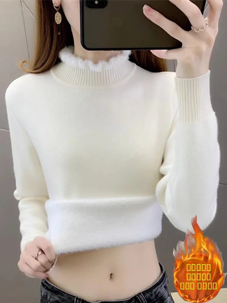 

Thiened Fur f High Collar Sweater Women's Autumn Winter New Sle Warm Base Layer irt Knitted Long Sve Straight Cut
