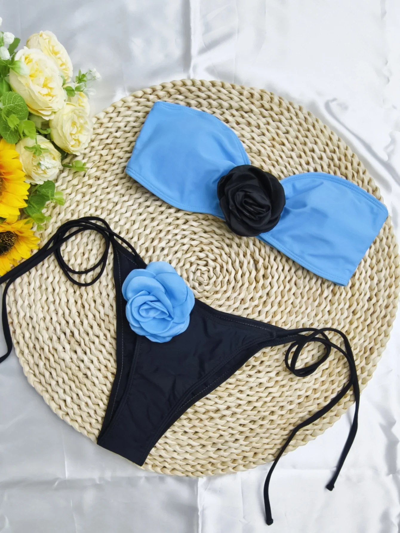 Costume da bagno floreale 3D Donna Costume da bagno a fascia con stringhe 2025 Costume da bagno push up sexy Costume da bagno femminile Nuoto Costumi da bagno estivi