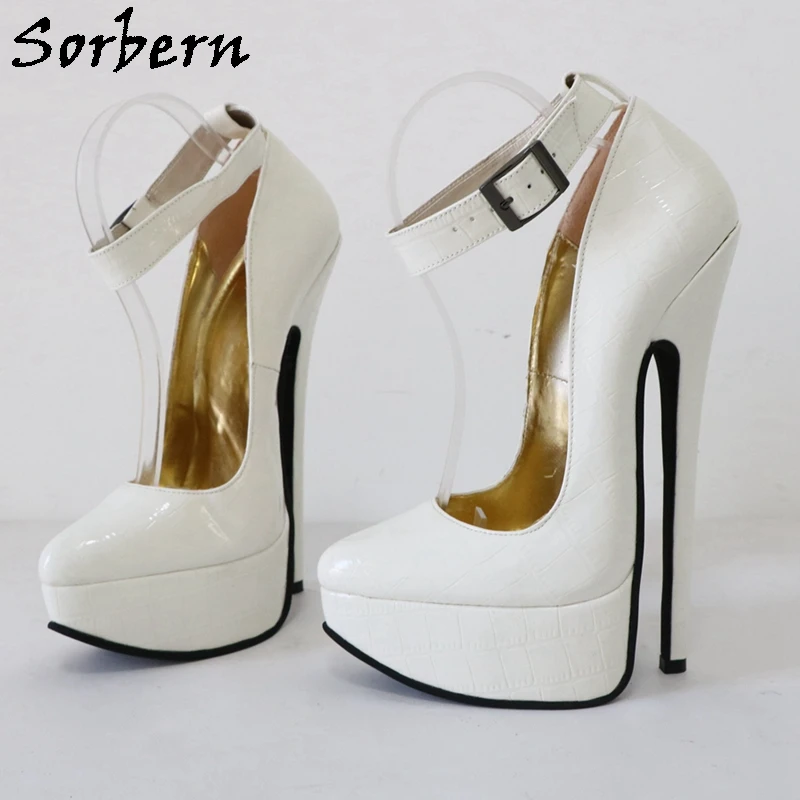 Sorbern White Crocodile 20cm High Heel Women Pumps Stilettos Pointed Toe Ankle Straps Visible Platform Shoes Custom