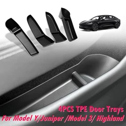4PCS TPE Side Door Box Trays For Tesla Moldel Y Juniper Model 3 Highland Model Y/3 Door Storage Organizer Front Rear Door Trays