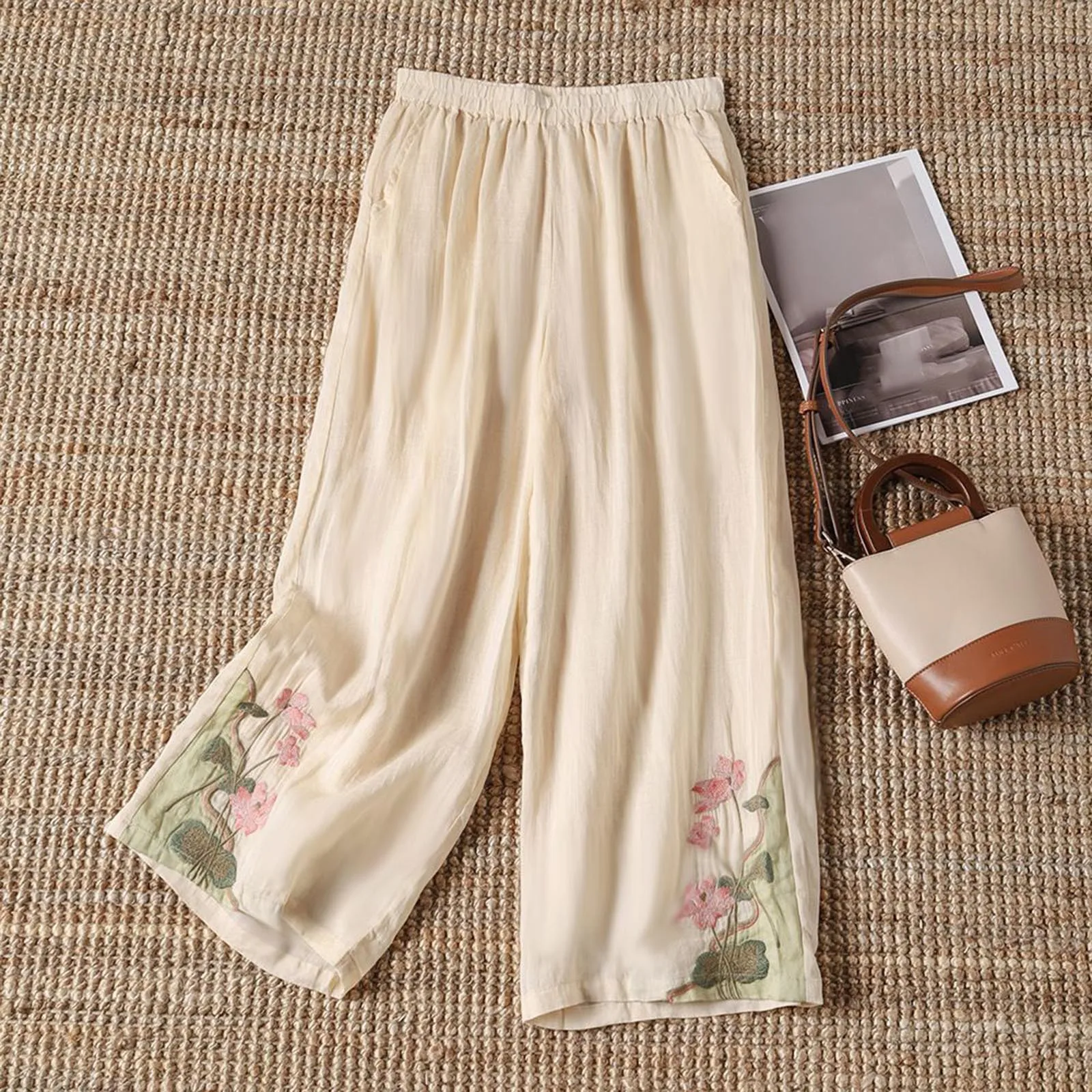 Retro Embroidery Pants Pleated Loose Leisure Versatile Wide Leg Pants Bohemian Vacation Slanted Pocket Breathable Trousers