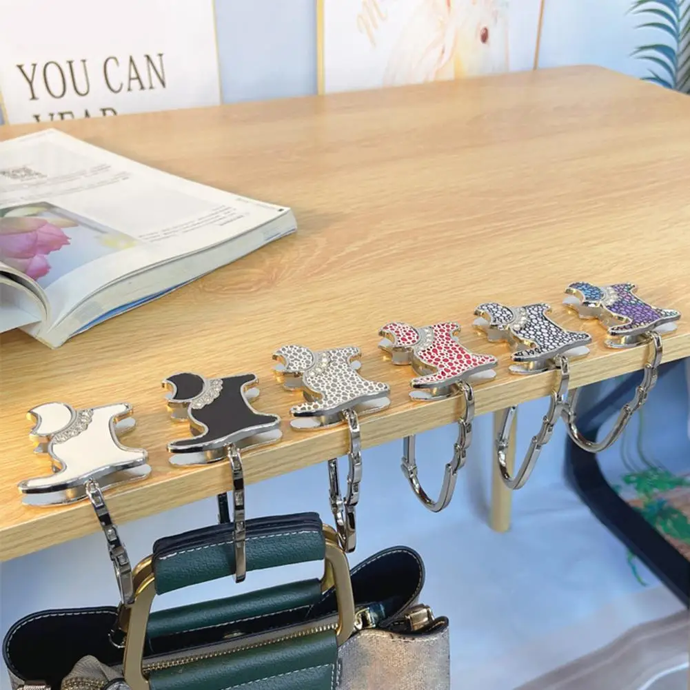Foldable Bag Hook Cat-Shaped Bag Hook with Shiny Rhinestones Decor Non-Slip Base Foldable Desk Edge Handbag Hanger Keychain
