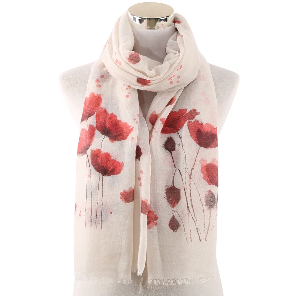 2024 Fashion Red Poppy Floral Scarf Women Hijab White Pink Floral Print Scarves Shawl Foulard Stoles Ladies