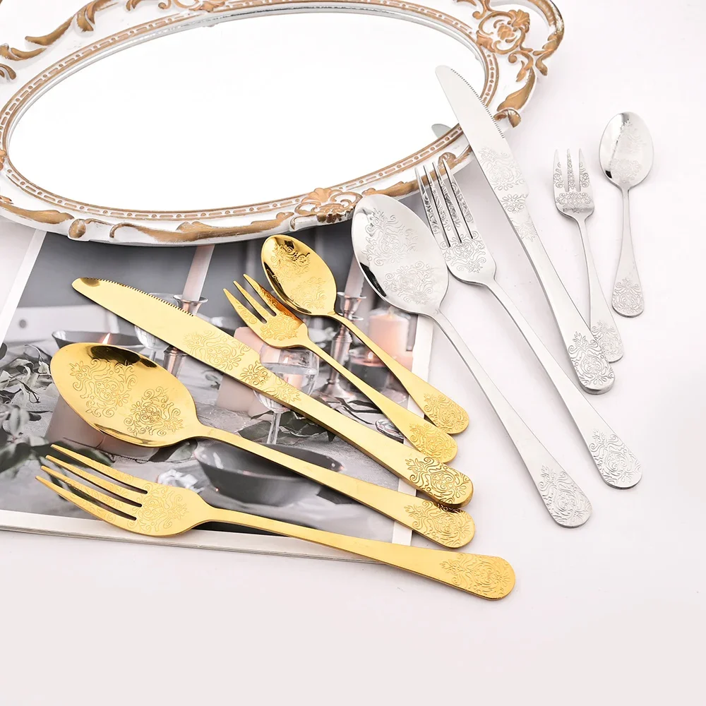 4/5Pcs Dinnerware Set Spoon Fork Knife Kit Silverware Stainless Steel Vintage Flower Carved Cutlery Set for Family Gathering