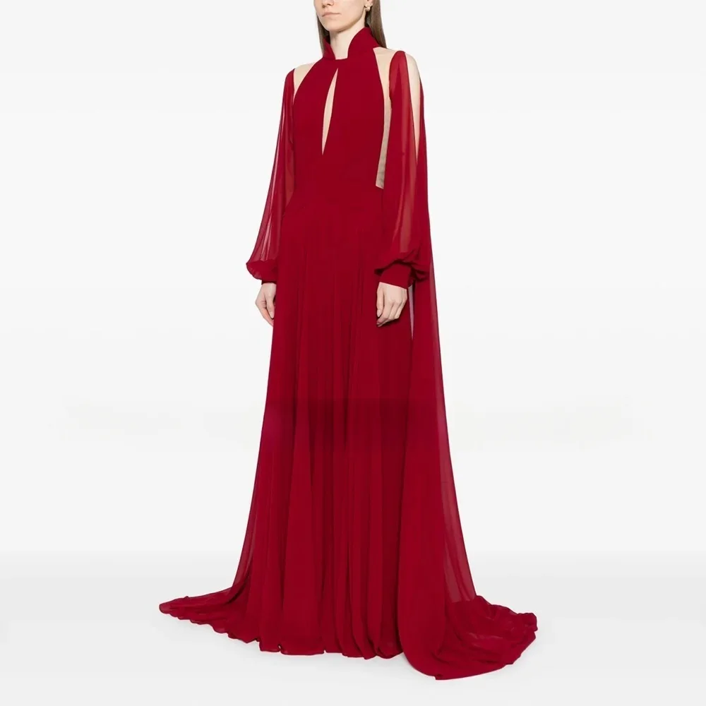 Luxury Evening Gown High Neck Sheer Sleeve Pleated Train Dress Wedding Gown Formal Party Dress For Womenفساتين سهرة