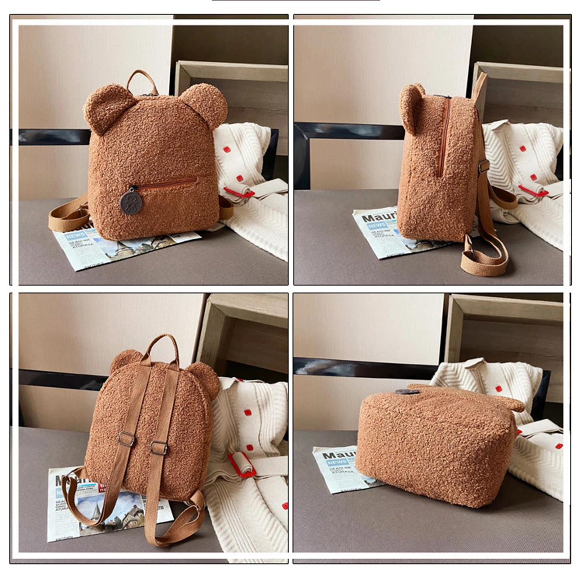 Plush backpack women\'s bag autumn and winter new Korean version cute little bear ear backpack girls\' parent-child bag-LJX