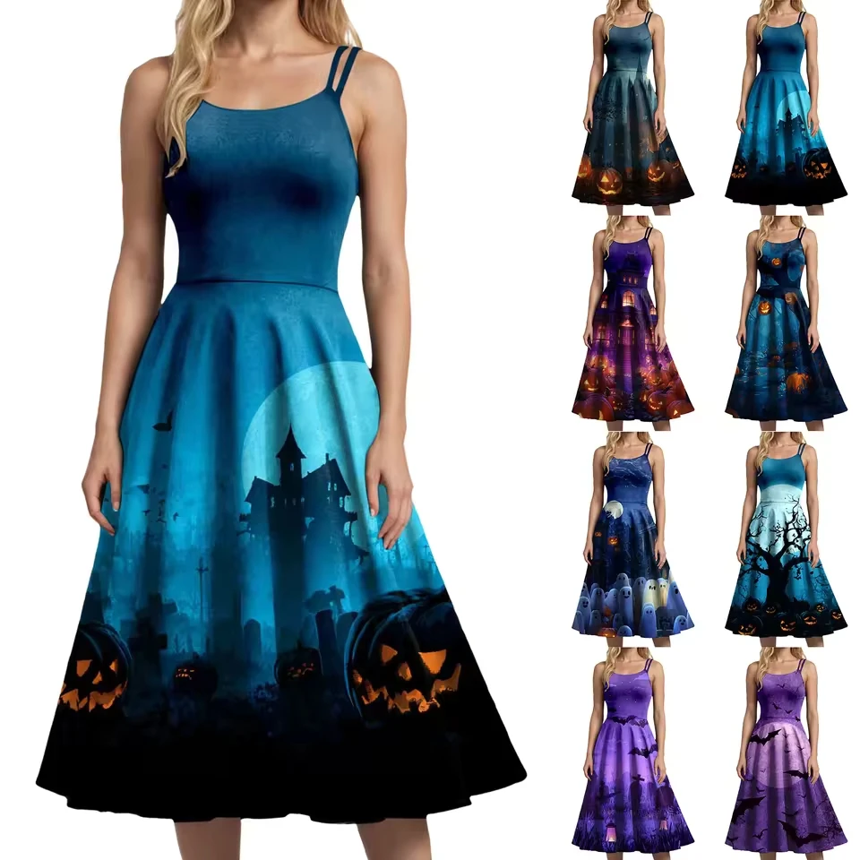 

Ladies Halloween Witch Print Strap Dress With Flowing Hem Dress Cold Shoulder Elegant And Pretty Suspender Beach Baggy Sundress