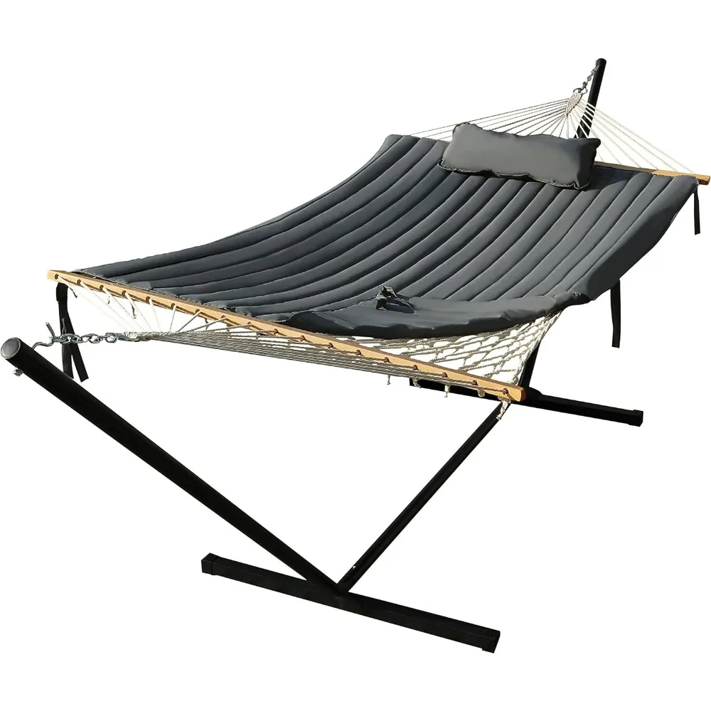 2 Person Portable Hammock with Stand and Pillow, Double Freestanding Quilted 12ft Hammock with Frame and Spreader Bars, Grey