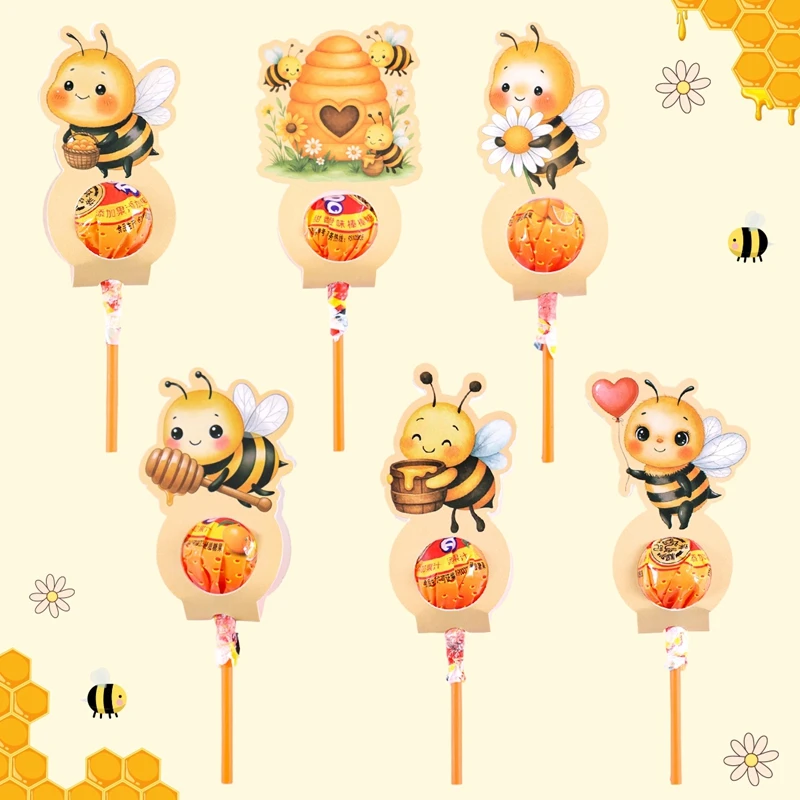 24 Stück Bienen-Lollipop-Halterkarten, 6 verschiedene Designs, Geburtstags-Lollipop-Papierkarten, Honigbienen-Süßigkeitenkarten, Deko-Geschenk-Gastgeschenke – Detail 1