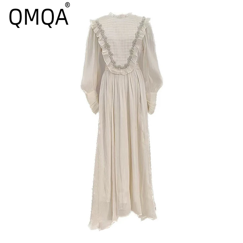 QMQA Fashion Women's French Style Dresses Fungus Edge Diamonds Spliced Lace Up Waist Bow Maxi Dress 2025 Spring New 1A890