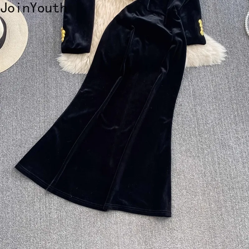 Women Clothes Temperament Outfits 2 Piece Sets Double-breasted O-neck Crop Coats Slim Waist Bodycon Sling Maxi Dress Velvet Suit