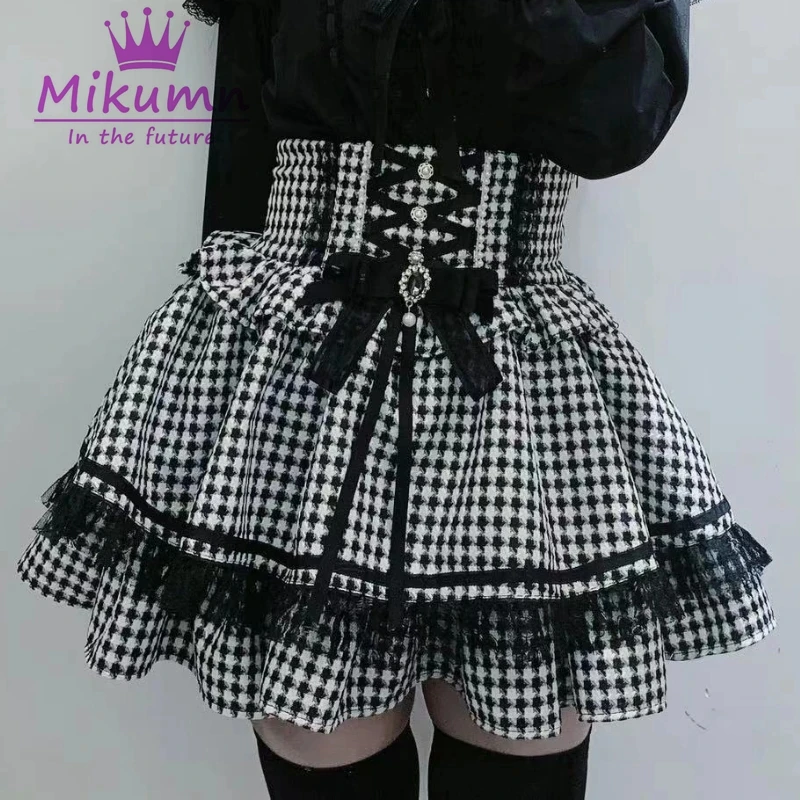 

Mikumn Harajuku Готическая Лолита, милые кружевные оборки, клетчатые юбки-торты, женские Y2k, мини-юбка трапециевидной формы со стразами и бантом на шнуровке с высокой талией