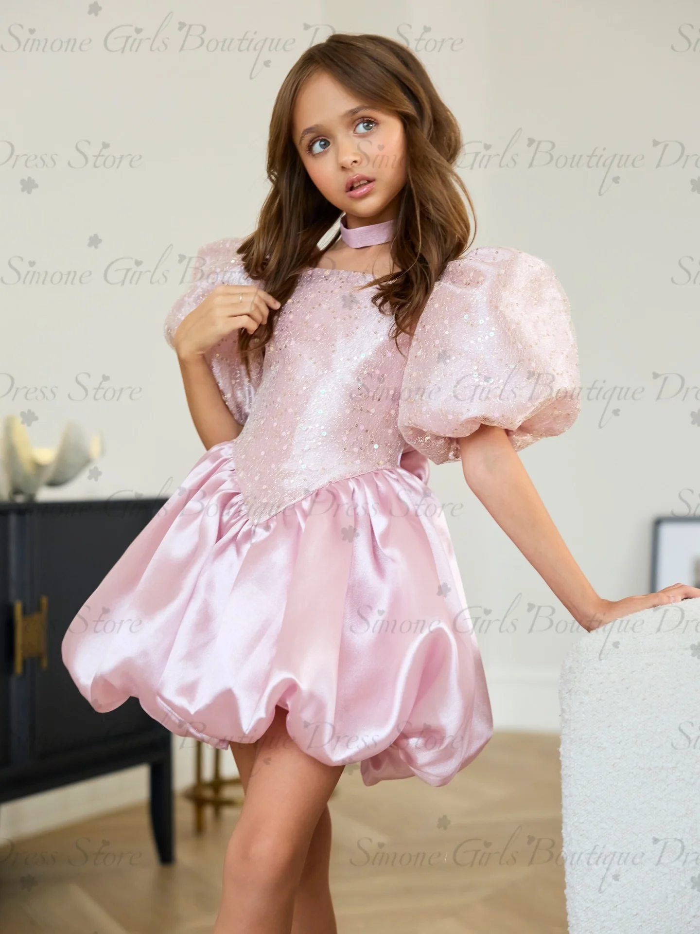 Pink Mini Flower Girl Dress Square Neck Princess Ball Gown Oversized Puff Sleeves Beaded Bodice Birthday Dress Customied