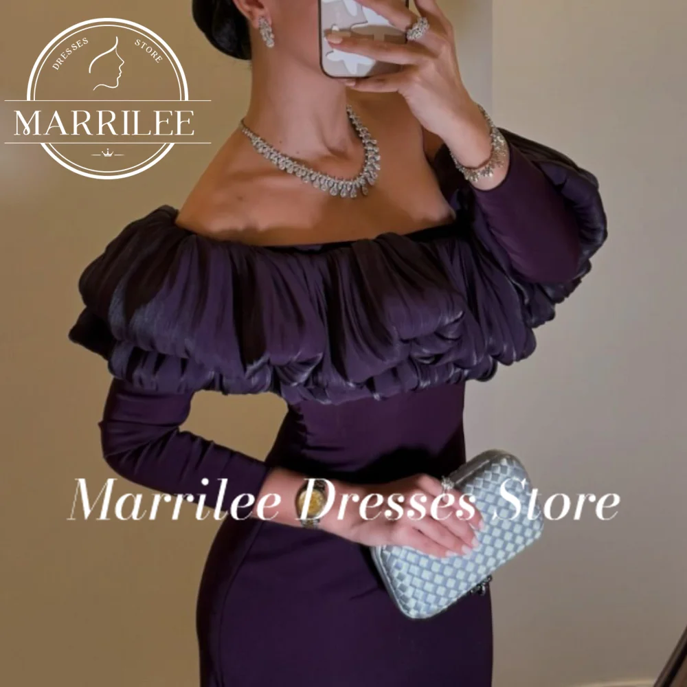 

Marrilee Customized Off the Shoulder Long Sleeves Solid Color Sweep Train Ruffles Elegant Party Evening Dresses Woman Fairy