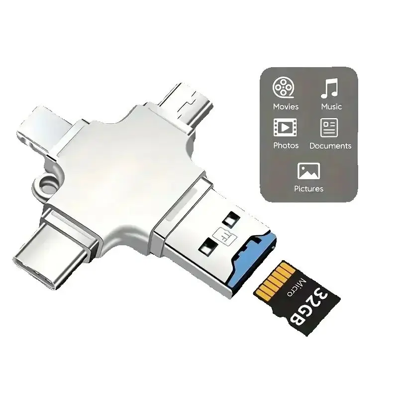 High Transfer Rate/Android/Mac/PC/Universal Four in One SD Card Reader | Lightning and USB-C Port Portable