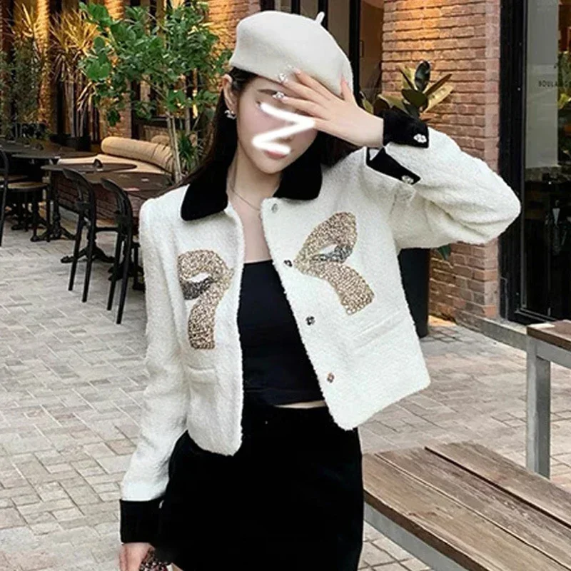 

High Quality 2024 New Fashion Fall Winter Women Long Sleeve Panelled Pearl Diamonds Beading Bow Cashmere Tweed Casual Jacket