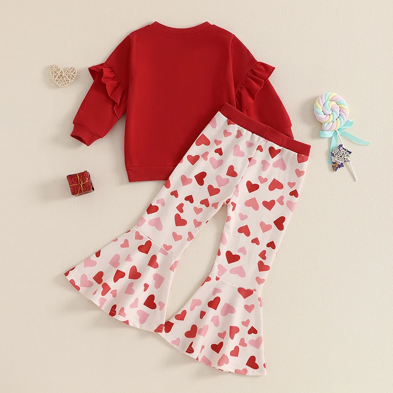 Kids Baby Toddler Girl Valentines Day Outfit Letter Ruffle Long Sleeve Sweatshirt Heart Flare Pants 2 Piece Spring Set