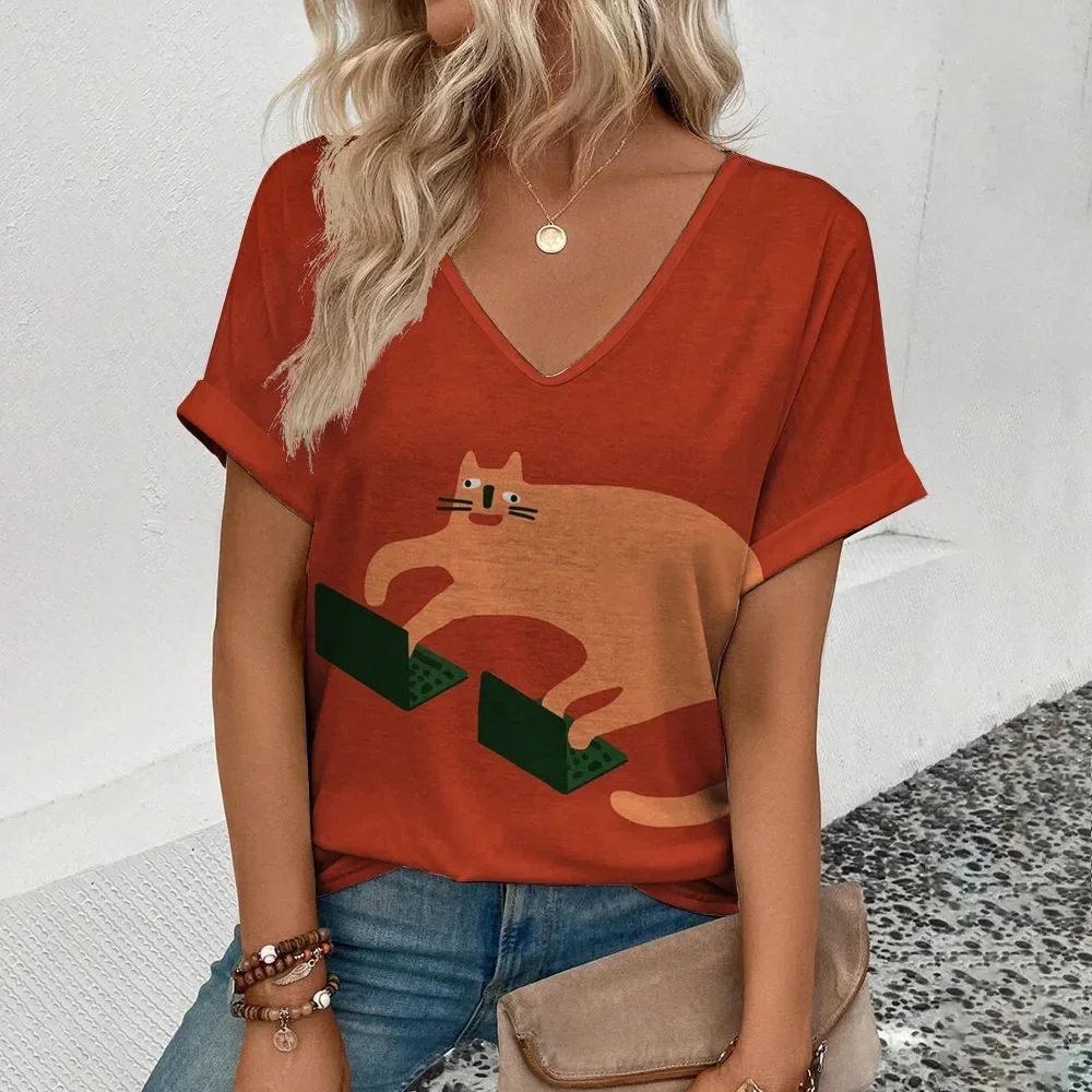 Camiseta feminina casual com estampa 3D, roupas americanas e européias, Amazon AliExpress, top de moda solto, novo, 2024