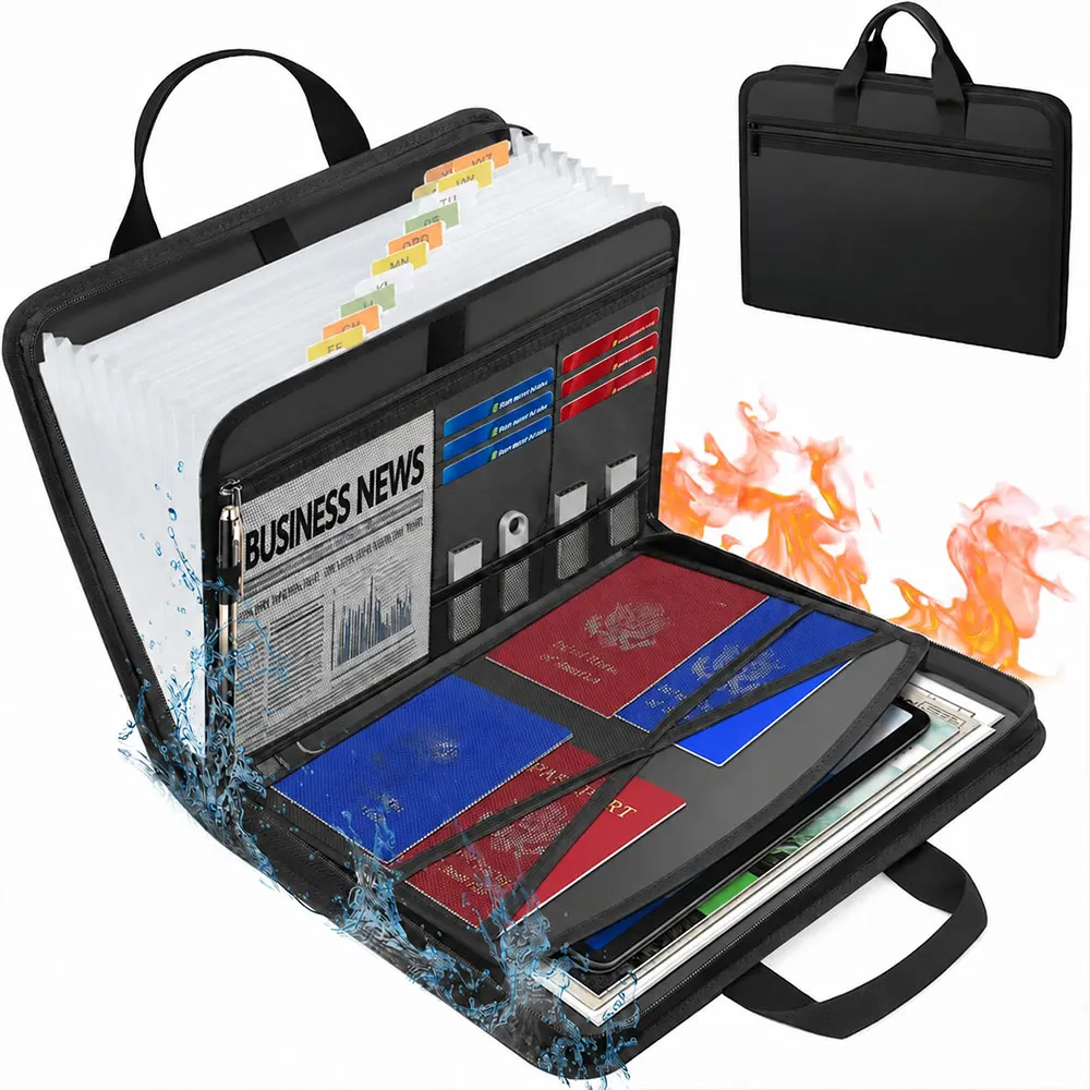 Fireproof Document Bag with 13 Pocket Accordion File Organizer, Waterproof A4 Storage Case for Passport Cards Certificates Home