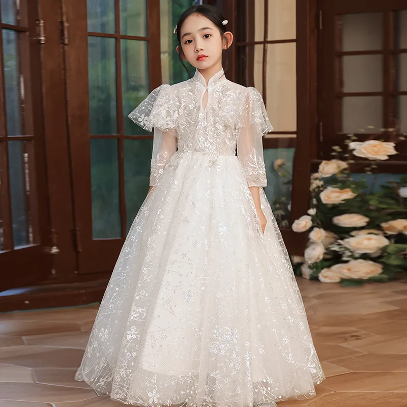 Kids Dresses Girl Elegant Long Prom Green Tulle Gowns Sequin Lace Children Graduation Dress Teen Wedding Party Bridesmaid Robe