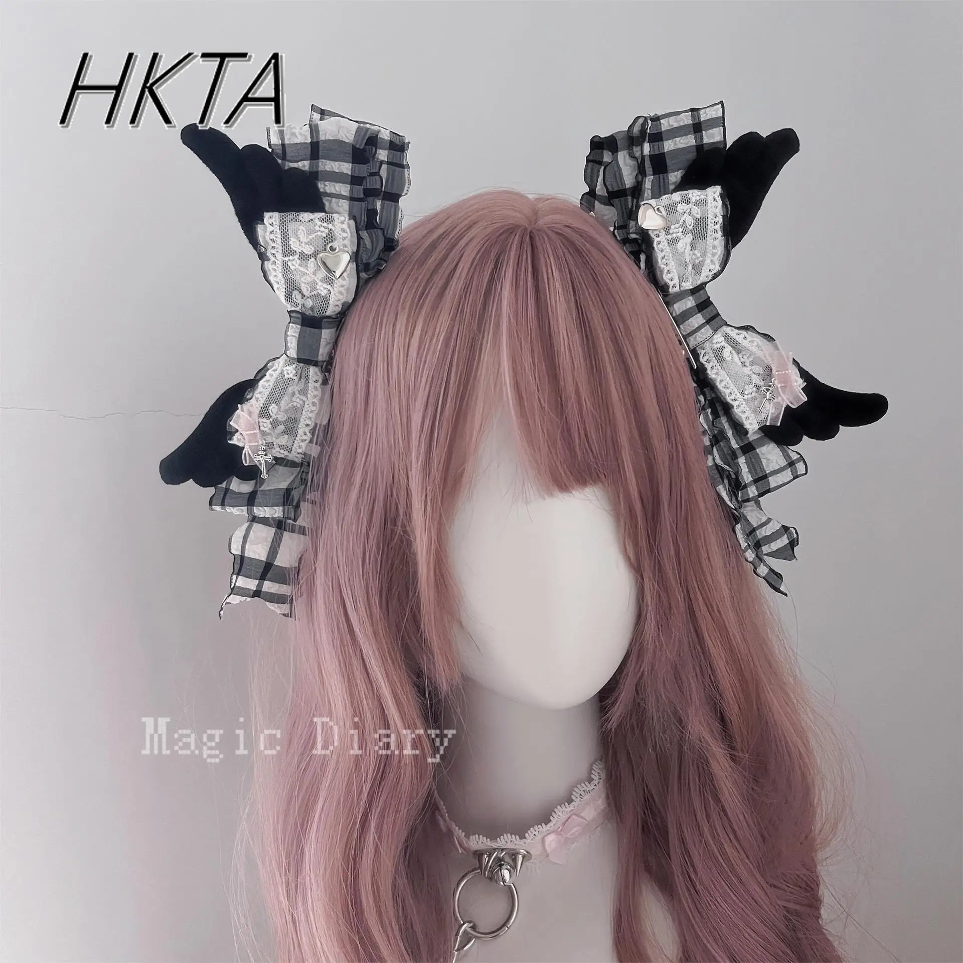 Japanese Y2k Hairpin Handmade White Pink Plaid Big Bow Edge Clip Hair Pin Women Subculture Mine Hairpin Hair Accesssoire Girls